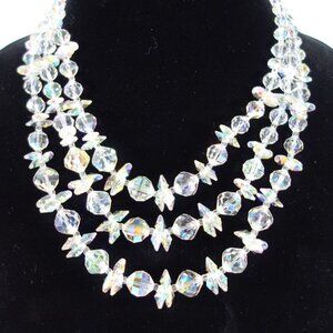 Vintage 1950s Vendome Faceted Triple‎ Strand Aurora Borealis Crystal Necklace